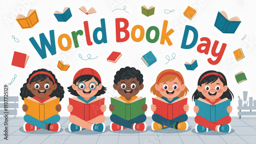 Diverse children celebrate world book day reading colorful books on floor with flying books around them