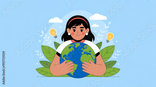 Smiling girl hugging earth globe surrounded by green leaves and lightbulbs symbolizing eco friendly love and care for the planet with a blue sky background