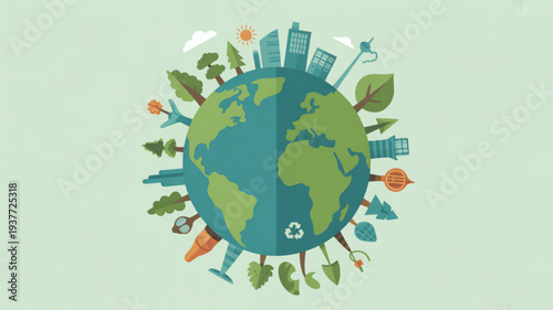 Earth surrounded by eco friendly icons and sustainable living symbols on a green background representing environmental conservation and green technology