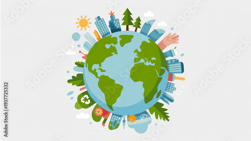 Earth surrounded by eco friendly icons and cityscapes symbolizing sustainable living and environmental conservation