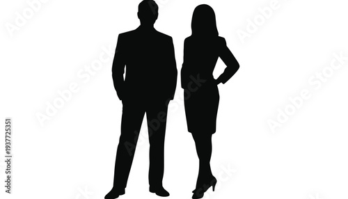 A black silhouette of a man and woman standing together confidently