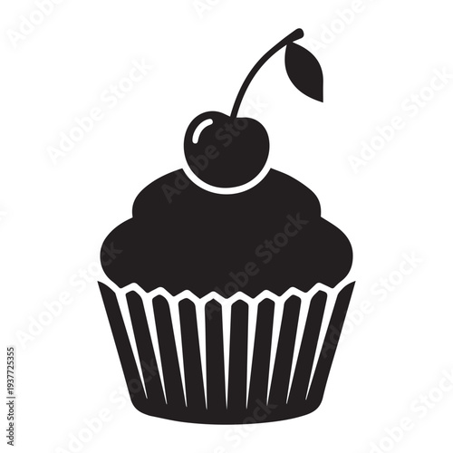 A cupcake topped with cherry Icon Silhouette vector black design on a white background