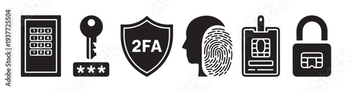 Security and authentication vector icons set showing two factor access biometric identification and key control