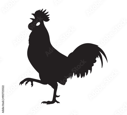 Silhouette of a proud rooster standing on one leg with its comb raised, representing farming, agriculture, and a new day dawning