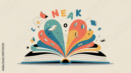 Colorful illustration of an open book with letters and words emerging symbolizing creativity and learning in a vibrant whimsical style