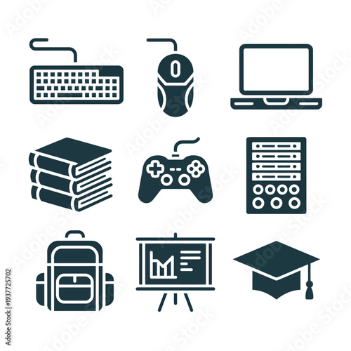 A monochrome icon grid presents essential digital work and learning tools such as a keyboard, mouse, server, and academic symbols.