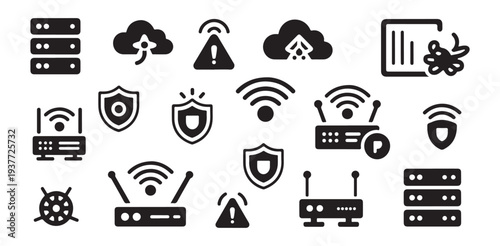 Wireless network and server infrastructure icons for networking technology and hardware connectivity
