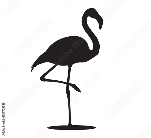 Graceful black silhouette of a flamingo standing on one leg, a minimalist graphic embodying the serene beauty and exotic charm of tropical avian wildlife, ideal for modern design