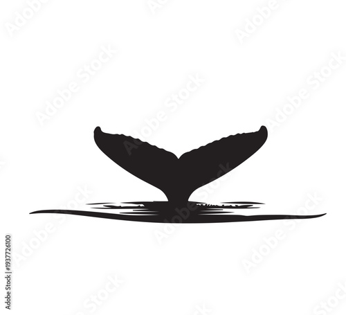 Artistic black silhouette of a majestic whale tail gracefully emerging from the water, depicted with a dynamic brushstroke line, symbolizing the powerful essence and serene beauty of marine life
