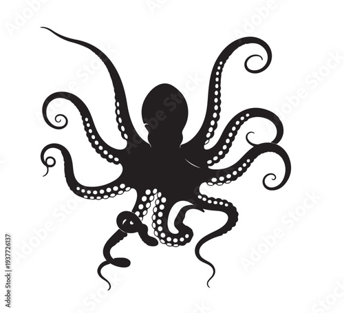 Dynamic black silhouette vector illustration of a powerful octopus, showcasing intricate tentacles and suckers, ideal for marine biology themes and aquatic designs