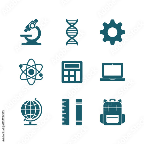 A set of nine dark teal glyph icons depicts essential scientific instruments and educational tools for learning.