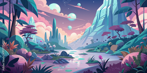 dreamy surreal fantasy landscape , lush vegetation and flowers, pastel colours, desaturated, digital illustration