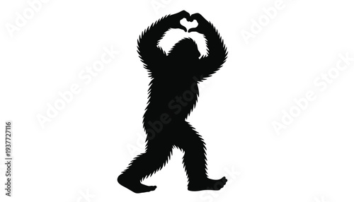 A bigfoot silhouette illustration making a heart shape with its hands