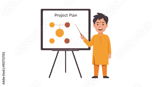 Project manager presenting a plan on a whiteboard with a pointer