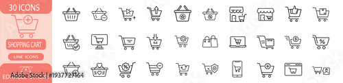 Shopping cart and basket line icon set with online store, mobile app purchase, product delivery box, secure payment, retail market checkout more vector illustration or editable stroke.