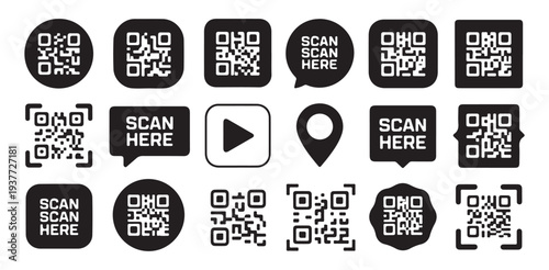 Qr code scanner icons collection with square and round frames flat vector set for mobile payment app