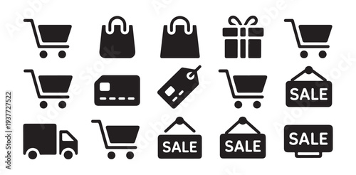 Shopping and retail icons with carts bags gift box tag delivery truck and sale signs collection