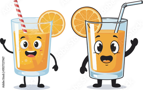 Two cheerful cartoon orange juice glasses with happy faces, straws, and orange slices, isolated vector illustration for healthy drink concepts