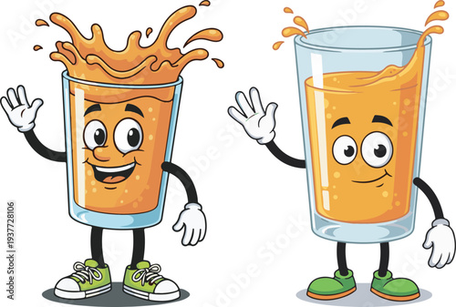 Two cheerful cartoon orange juice glass characters with splashes, one waving and smiling, the other with a subtle splash, isolated vector illustration for healthy drink concepts and marketing.