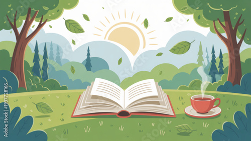 Serene landscape with open book and steaming coffee cup on green grass with trees and sunny sky