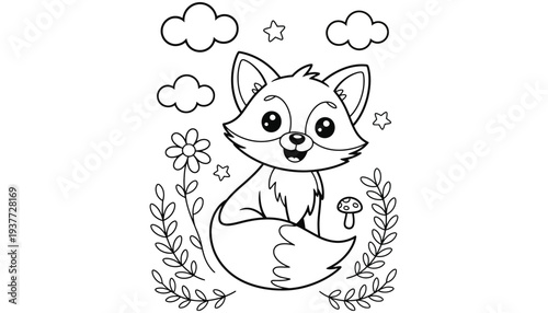 A cute cartoon fox illustration with flowers and clouds