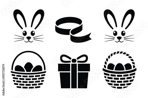 Black and white easter bunnies baskets and ribbon rabbit