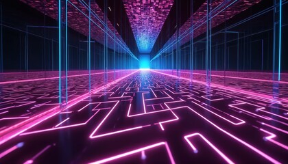 Abstract digital tunnel with glowing neon lines on floor and ceiling. Futuristic architecture and cyberspace concept. Infinite geometric maze with vibrant pink and blue lights.