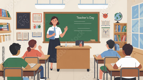 Teacher standing in front of classroom with students sitting at desks on teacher's day