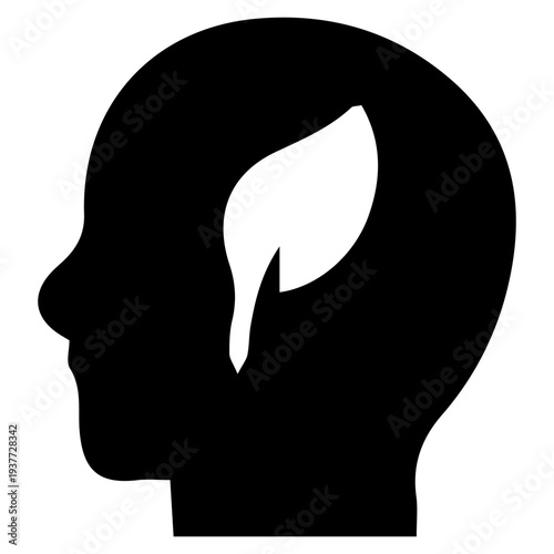 A minimalist line icon representing green thinking, mental wellness, and a sustainable mindset with a leaf in a human head