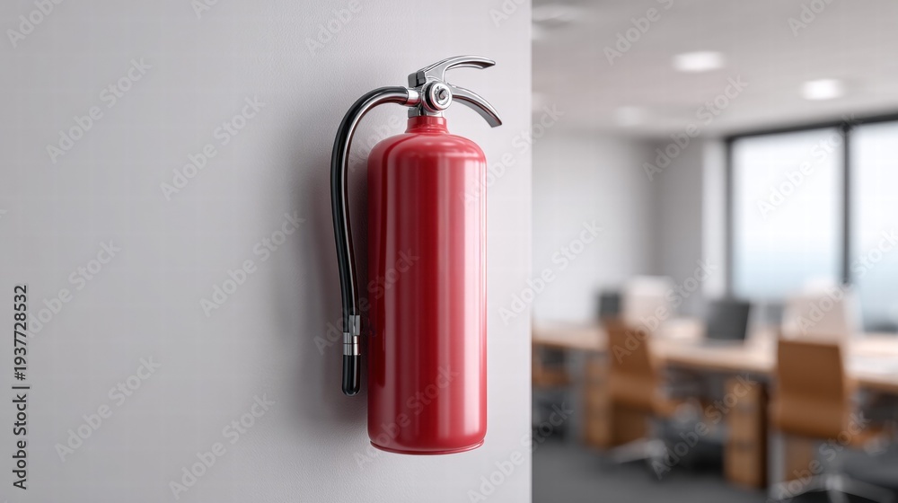 Obraz premium Fire extinguisher mounted on a wall in an office setting