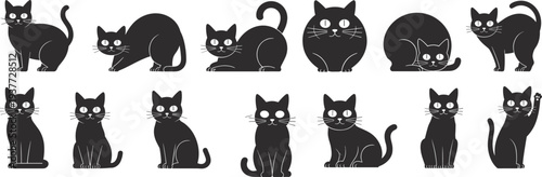 Cute cat silhouette collection featuring domestic cats in different sitting and standing poses isolated on light background representing pet, animal and feline design