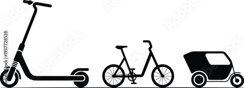 Electric scooter, bicycle and cargo tricycle silhouette transport collection isolated on light background representing eco friendly urban mobility and modern city transportation concept