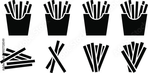 French fries silhouette icon collection showing fast food potato fries in box and pile isolated on light background for restaurant menu design