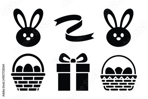 Black and white of bunnies and easter baskets with eggs