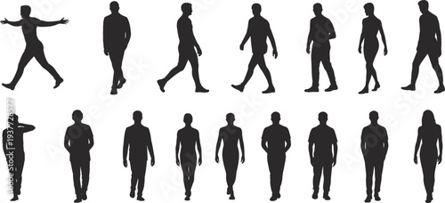 People walking silhouette collection featuring men and women in different poses isolated on light background representing crowd, urban lifestyle and human movement concept