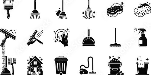 Black and white cleaning service icons set featuring vacuum, mop, bucket, spray bottle, sponge, and housekeeping tools for professional home maintenance, janitorial supplies, and hygiene. (28 words)