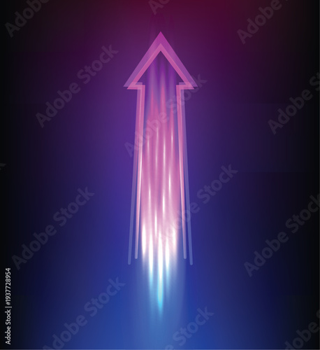 Futuristic color laser arrow shoots a gradient beam in pink, magenta, and teal, glowing with kinetic energy. 3D render illustration