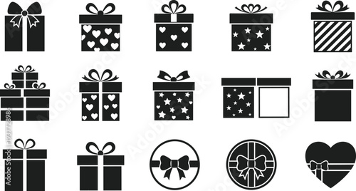 Black and white gift box icon set featuring various wrapped presents with bows, hearts, and stars for Christmas, birthdays, weddings, anniversaries, and holiday celebration designs.