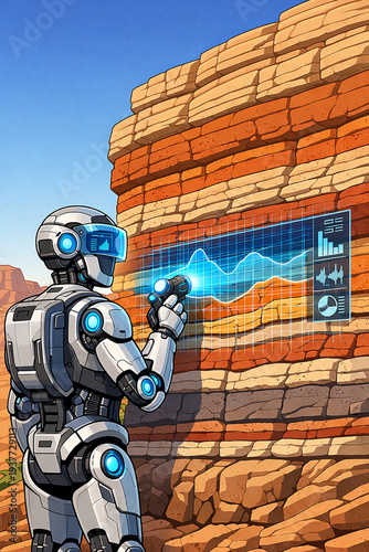 Vector Illustration of AI Robotic Geologist studying rock strata in a canyon wall