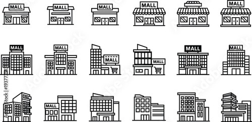 Large Collection of Shopping Mall and Commercial Building Line Icons Featuring Retail Stores, Supermarkets, Modern Outlets, and Urban Business Center Architecture