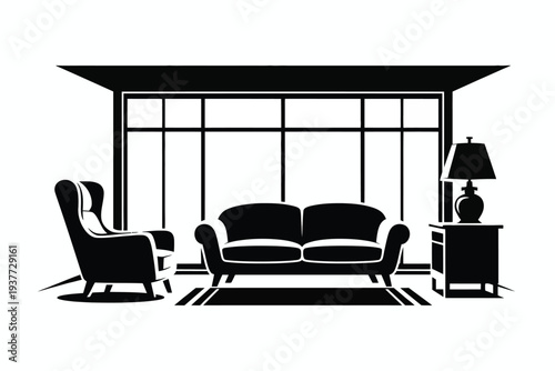 Black living room with sofa armchair and large windows