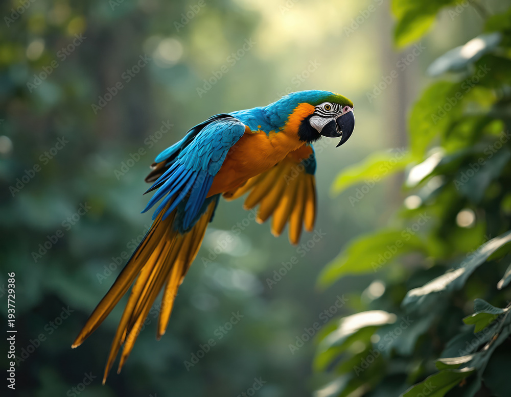 Obraz premium Blue and yellow macaw parrot flies through rich green forest foliage. Bird has vibrant colorful feathers and long tail. Wildlife scene in natural habitat.