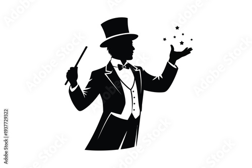 Black silhouette magician performing with hat and wand