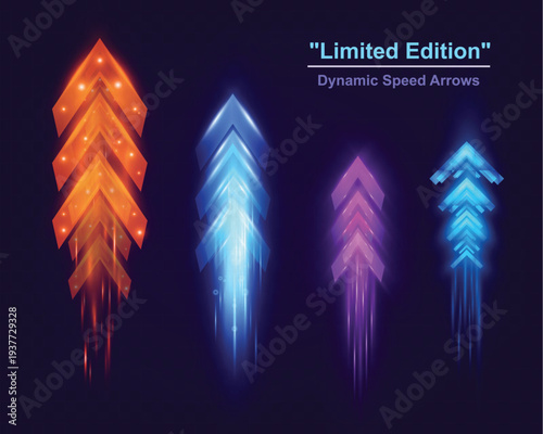 Futuristic color laser arrow shoots a gradient beam in pink, magenta, and teal, glowing with kinetic energy. 3D render illustration