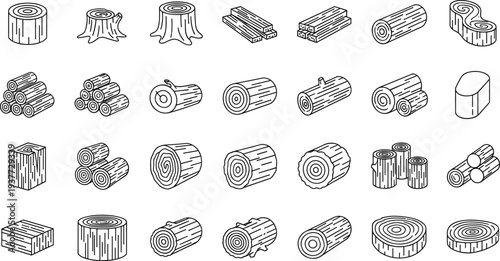 Wood lumber and log icon set featuring timber stacks, tree trunks, firewood, planks, and wooden blocks for forestry, carpentry, construction, and natural fuel industry designs.
