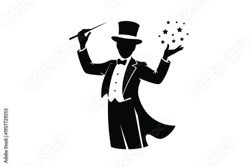Black silhouette magician with hat and magic stars