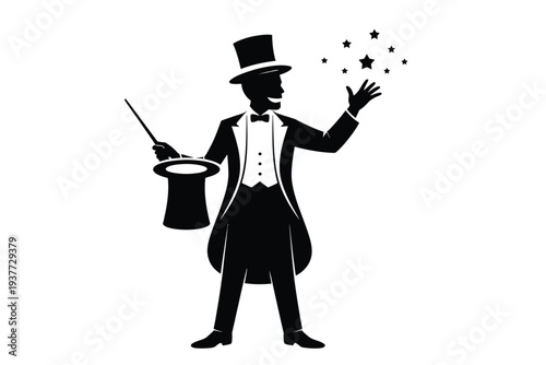 Black silhouette magician with hat and stars