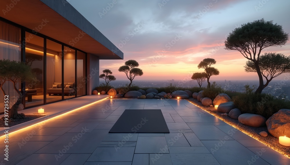 Obraz premium Rooftop zen garden terrace with yoga mat during sunset. Modern building exterior with soft candle lights and city view. Peaceful outdoor space for meditation and relaxation.