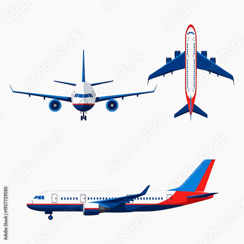 Commercial Jet Airplane Vector Set with Three View Perspectives