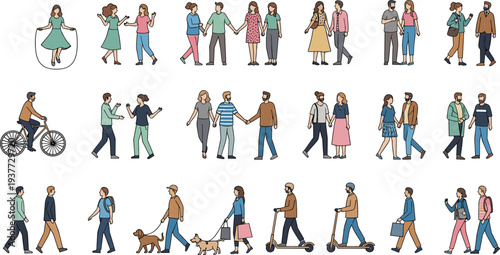 People walking, riding bicycles, using scooters, jumping rope, walking dogs, and talking in a flat illustration set, isolated on a white background